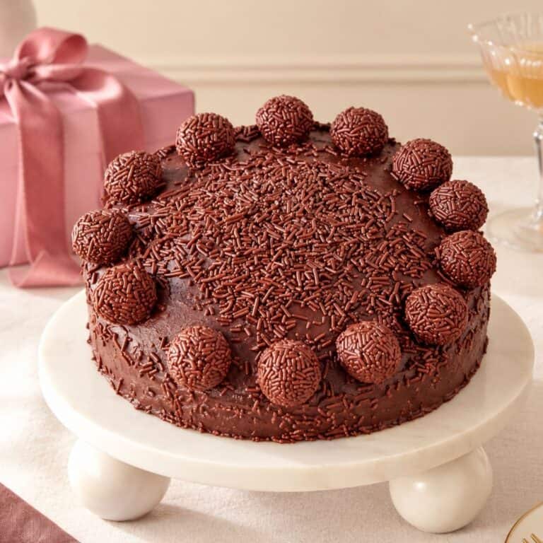 Whole chocolate cake decorated with brigadeiro fudge balls and chocolate sprinkles, displayed beside a pink gift box.