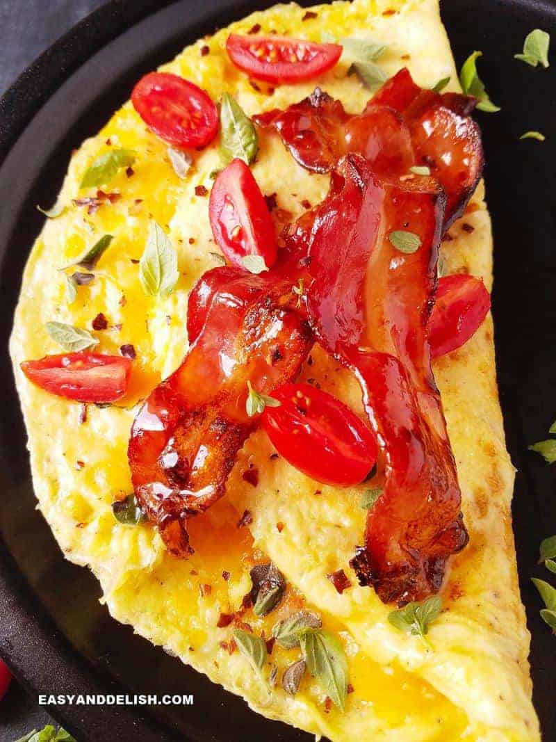 close up photo of filled and topped omelet