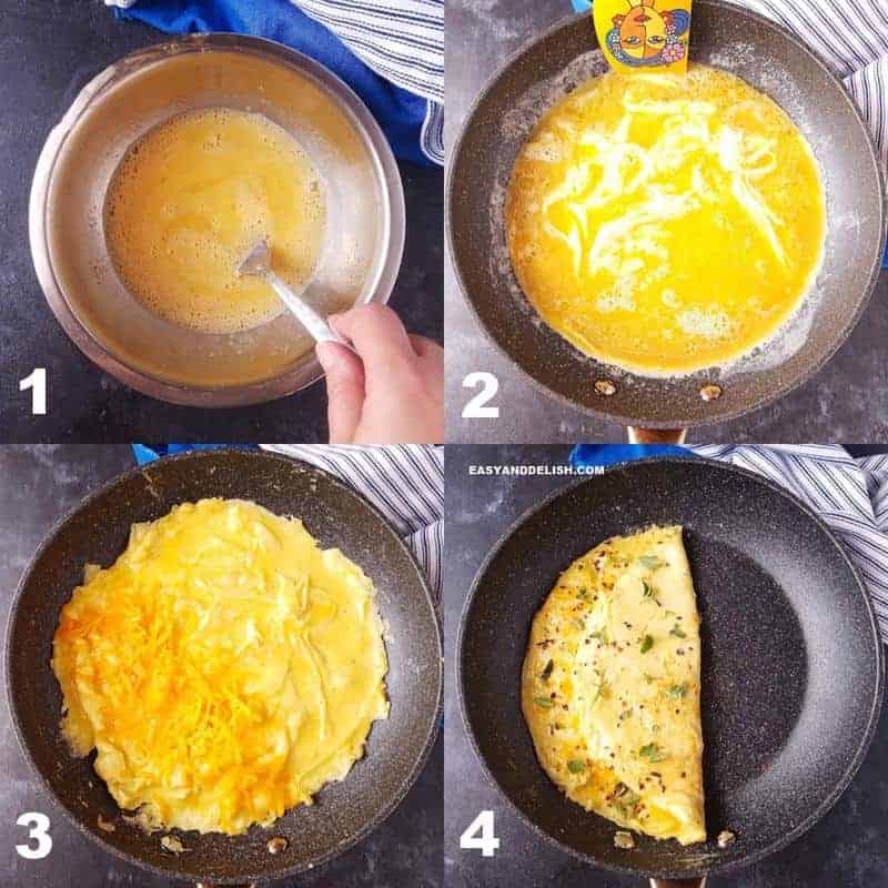 photo collage showing how to make omelette on the stovetop 