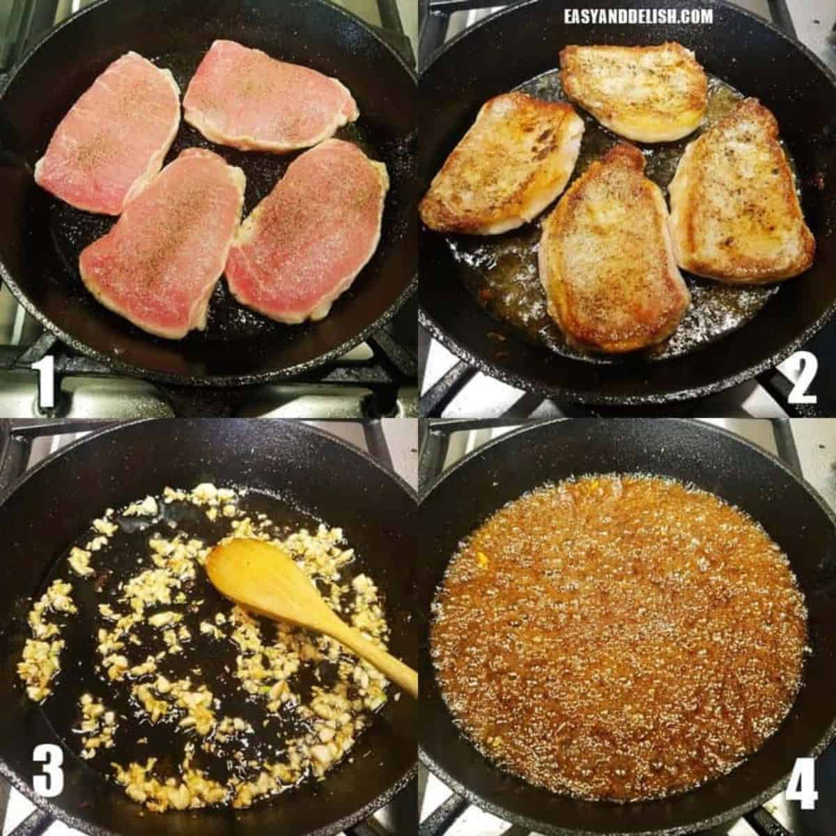 Boneless pork chops shown before and after searing, followed by garlic and teriyaki sauce in the skillet.