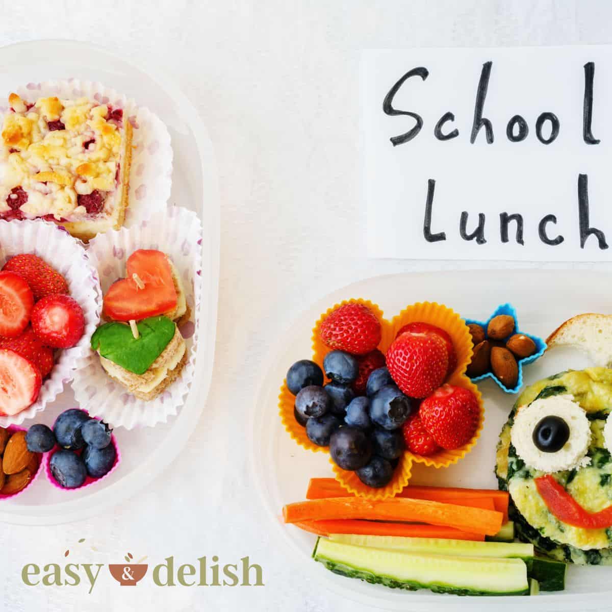 School lunch ideas for kids with fruit, vegetables, and a fun sandwich