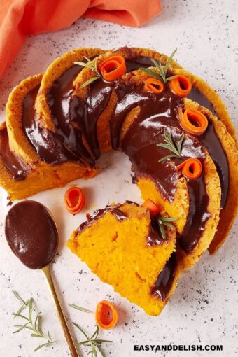 Brazilian carrot cake partially sliced
