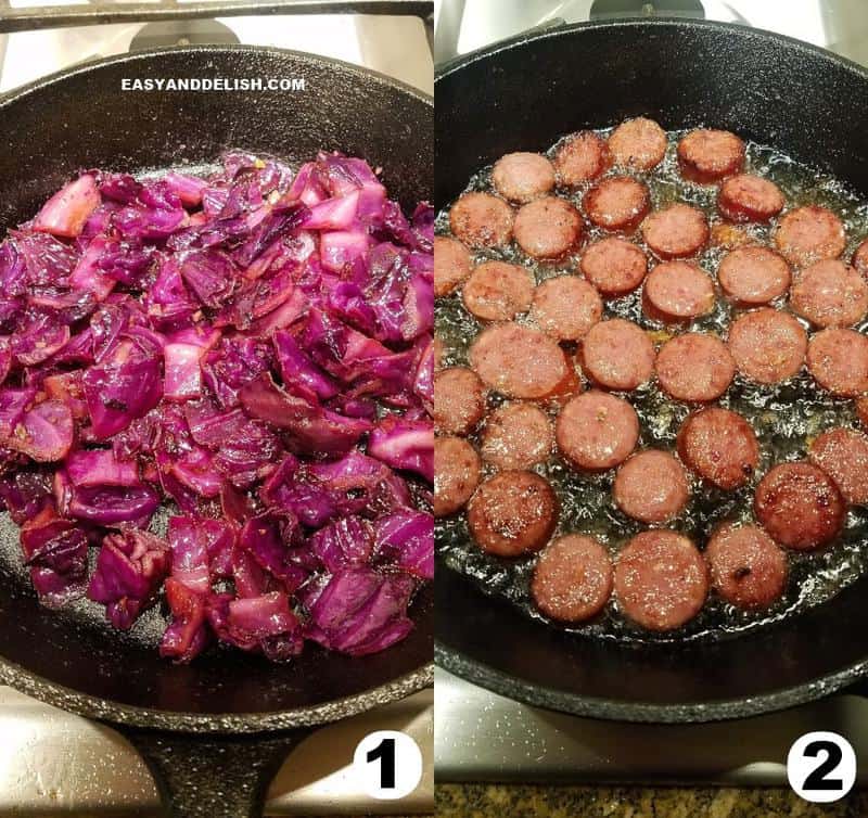 two image collage showing how to make cabbage and sausage recipe