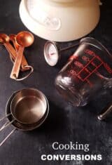 several cooking conversions tools such as scale, measurement cups and spoons, thermometer, etc