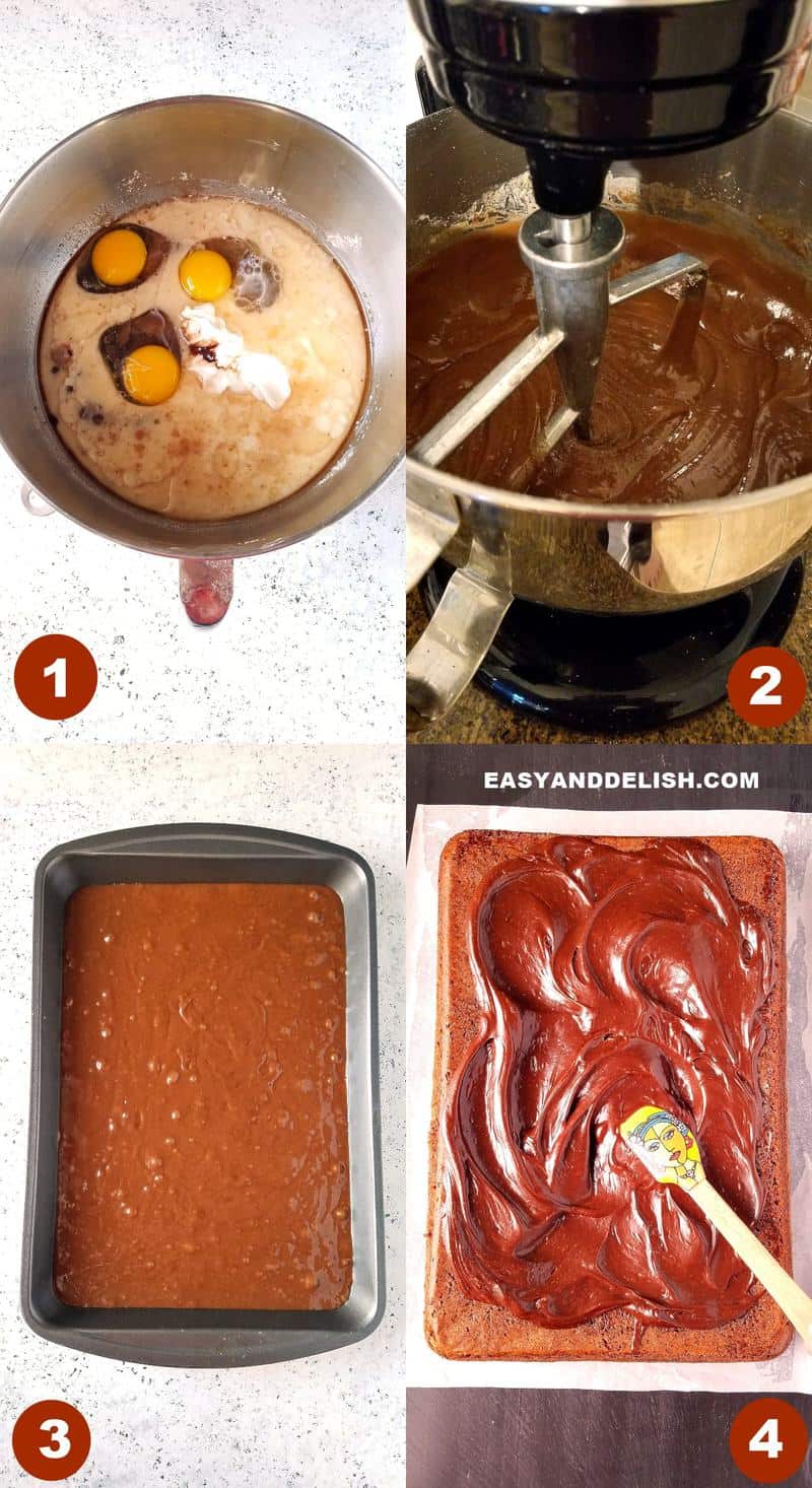 collage image showing how to make death by chocolate cake recipe