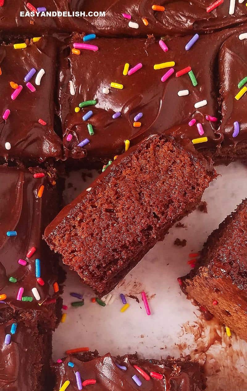 close up of death by chocolate cake with sprinkles and partially sliced
