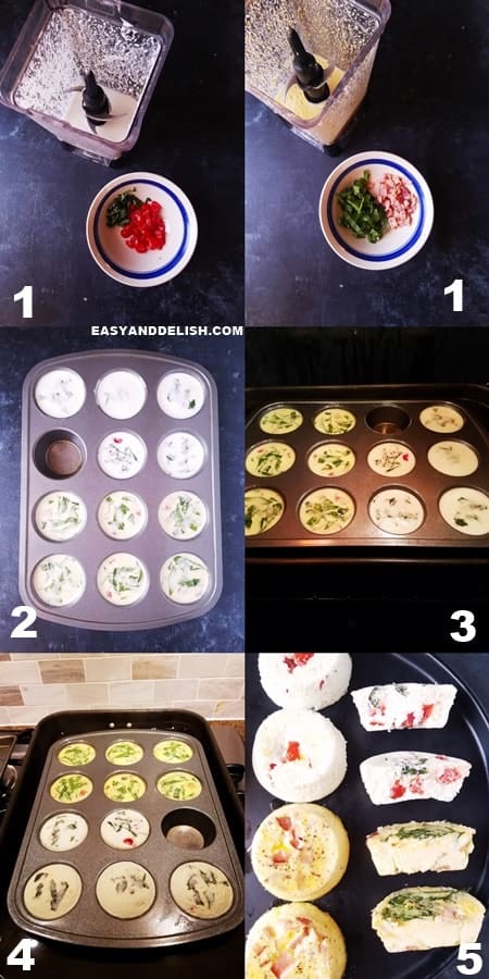 photo collage showing how to make egg bites in 5 steps