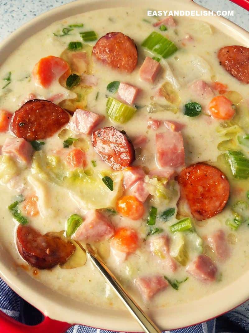 ham and cabbage soup in a bowl