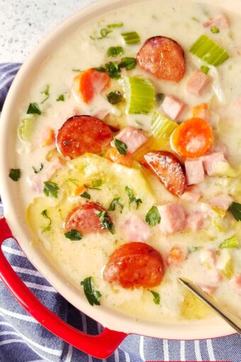 ham and cabbage soup in a bowl