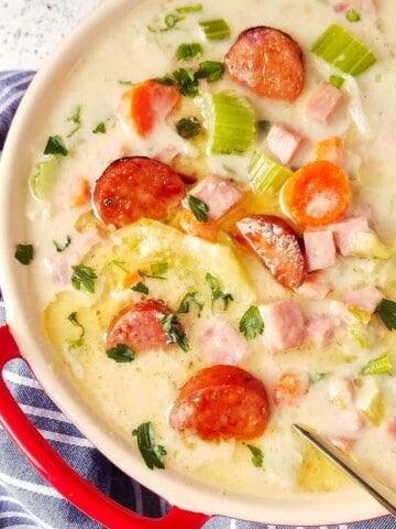 ham and cabbage soup in a bowl