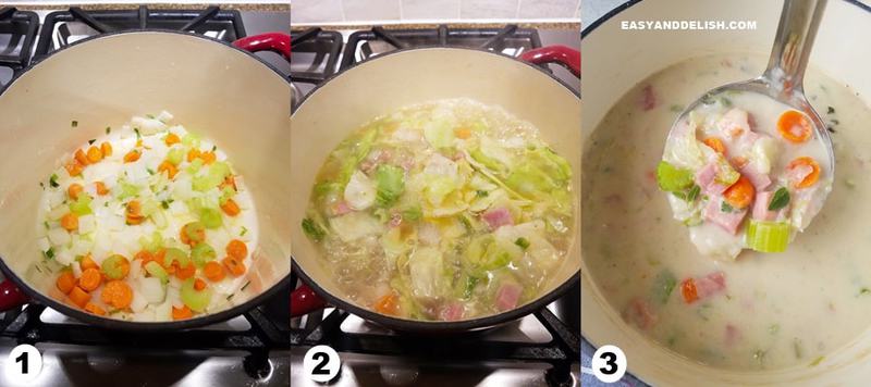 a three photo collage showing how to make ham and cabbage soup