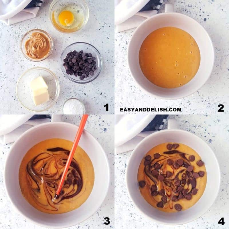 4 image collage showing how to make peanut butter mug cake