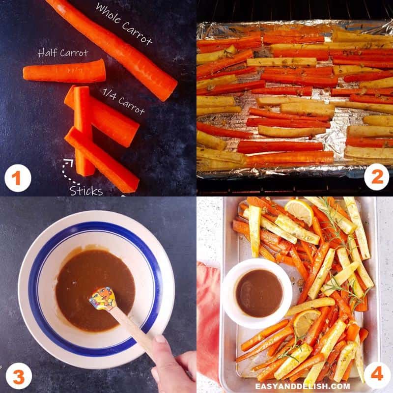 four photo collage shwoing how to make roasted carrots and parsnips