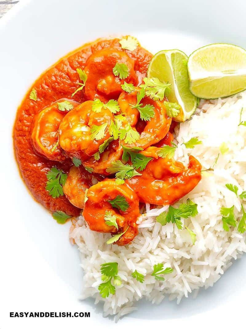 shrimp a la diabla on a bed of rice