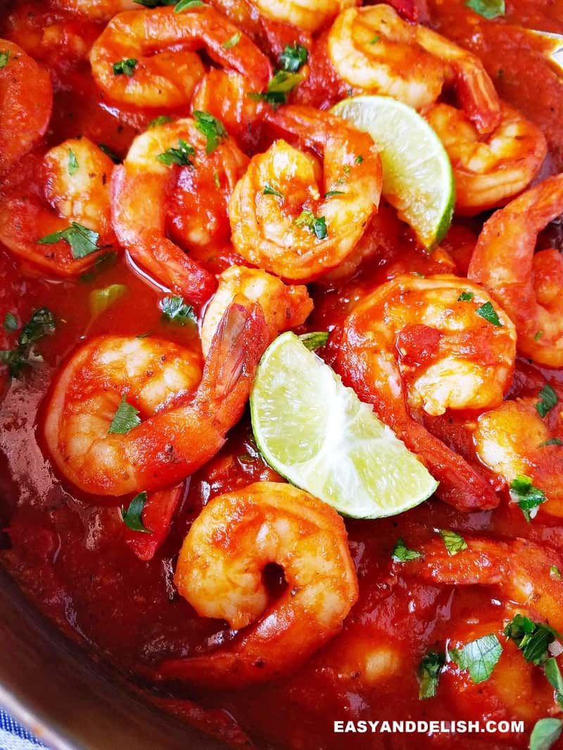 close up de camaão ao molhod e tomate com limão