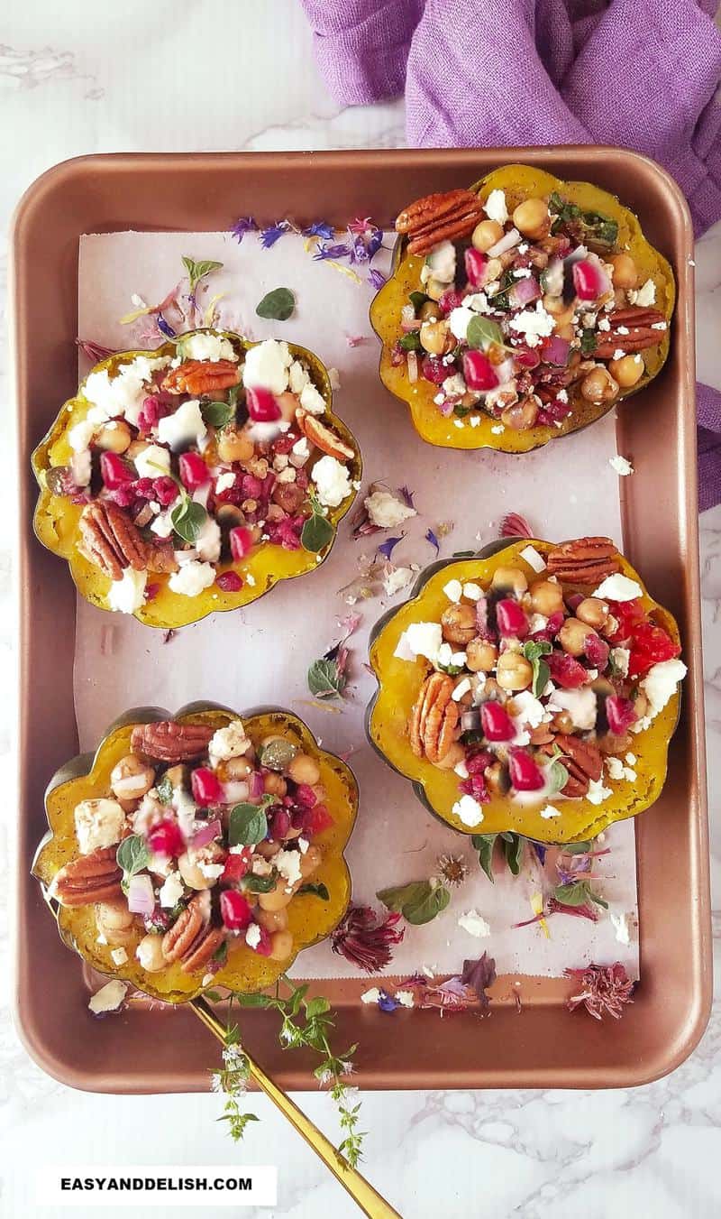 four halves of Instant Pot Acorn Squash on a tray