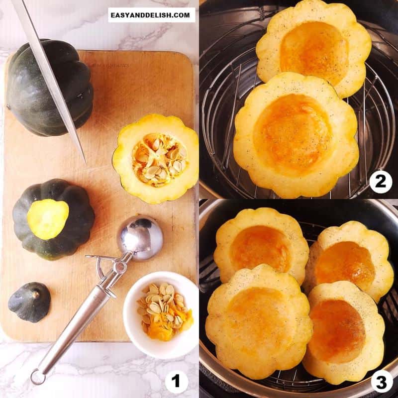 image collage showing how to cut and then cook acorn squash in an instant pot