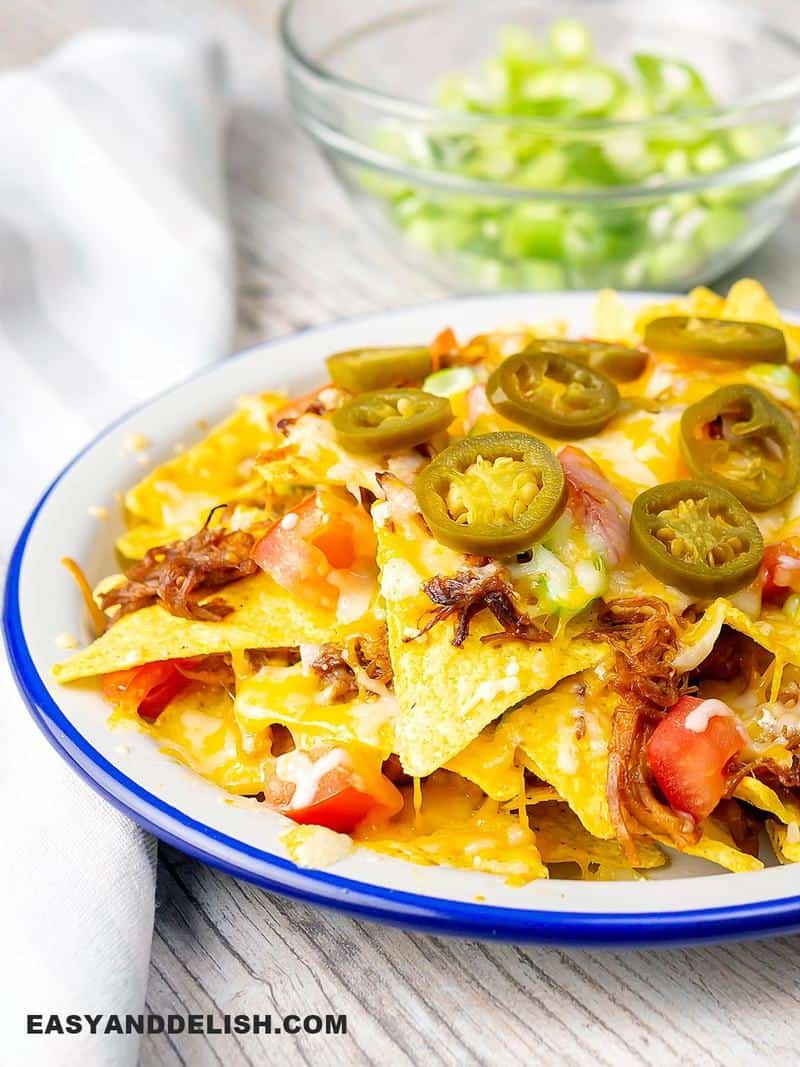 a plate with nachos and Instant Pot Pulled Pork on top