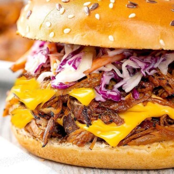 close up of pulled pork sandwich