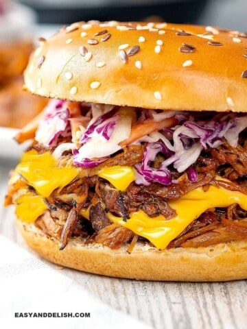 close up of pulled pork sandwich