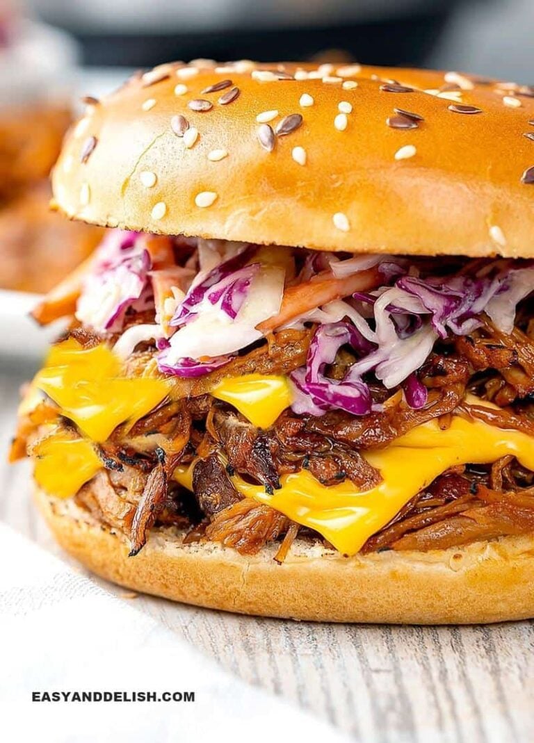 close up of pulled pork sandwich