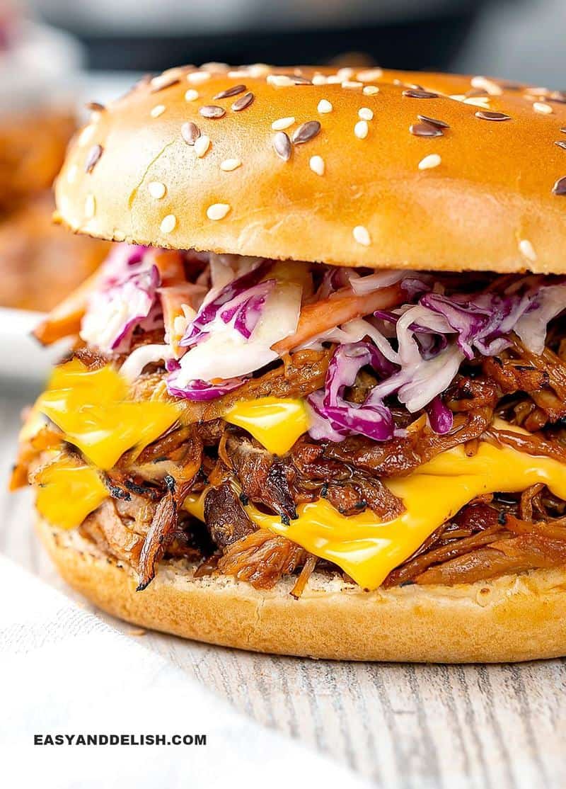 close up of a pulled pork sandwich