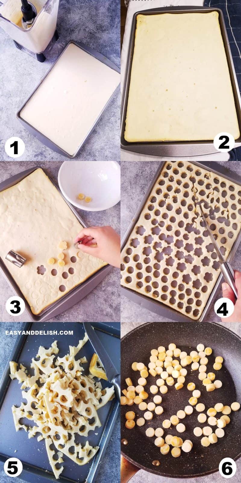 image collage showing how to make mini pancake cereal in 6 steps