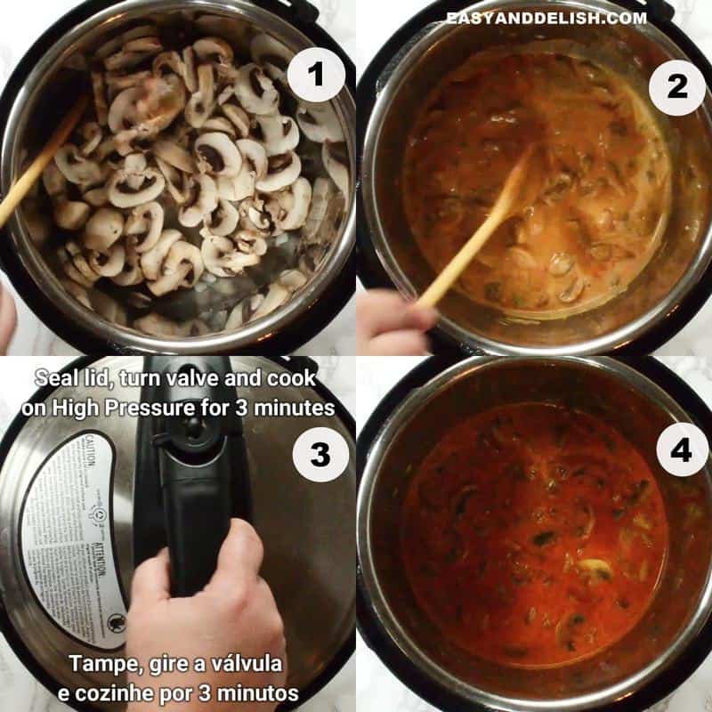 foto mostrando como fazer sopa de cogumelo na panela de pressão em 4 passos