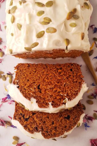 easy pumpkin bread part whole with two slices down