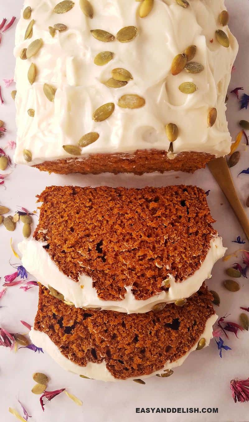 pumpkin bread part whole with two slices down