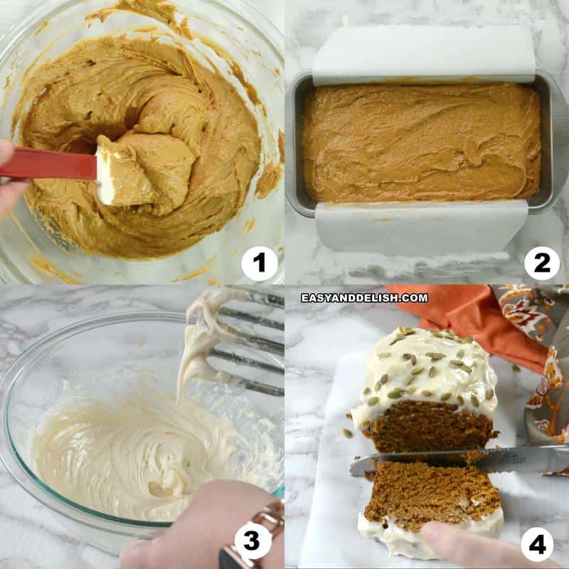 image collage showing how to make an easy pumpkin bread in 4 steps