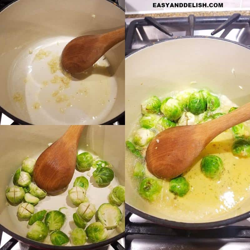 three image collage of veggies being braised in a pot
