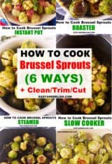 image collage showing how to cook brussels sprouts 6 different ways