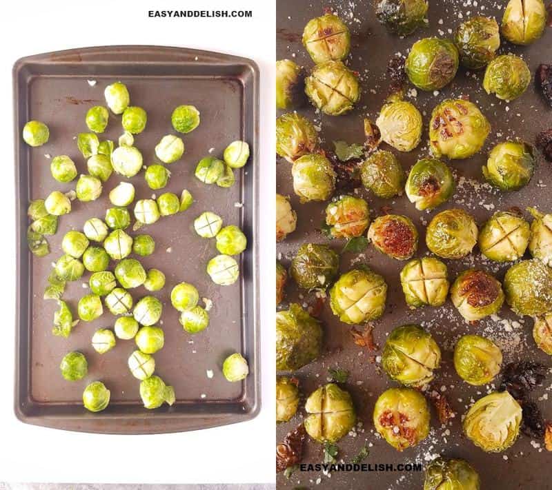 two image collage showing the process to roast sprouts