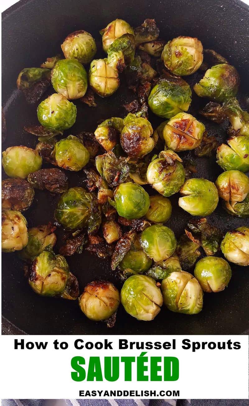 close up of sauteed sprouts in a cast-iron skillet