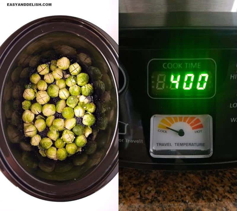 two image collage of sporuts being cooked in a slow cooker