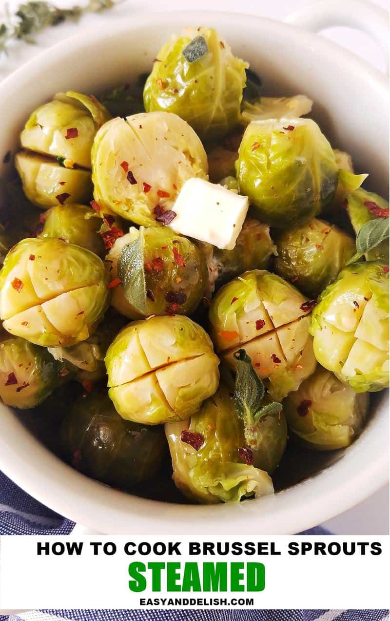 steamed brussels sprouts in a bowl with a pat of butter on top