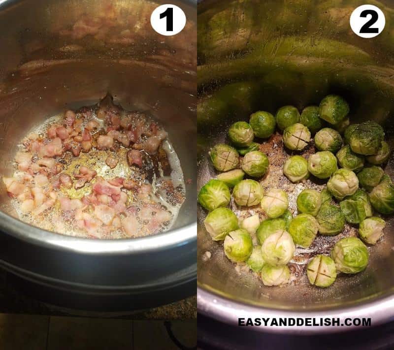 two-image collage showing how to cook brussels sprouts in the instant pot