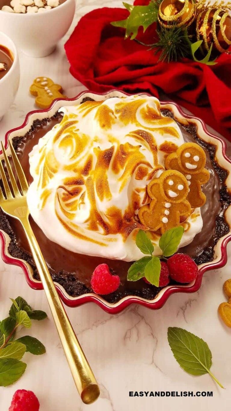 chocolate pie with meringue and a fork on the side
