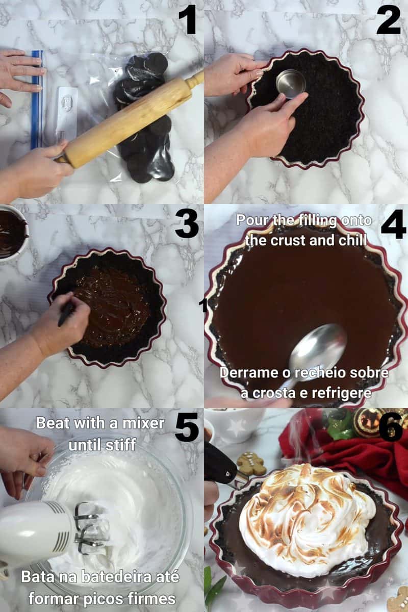 image collage showing how to make chocolate meringue pie