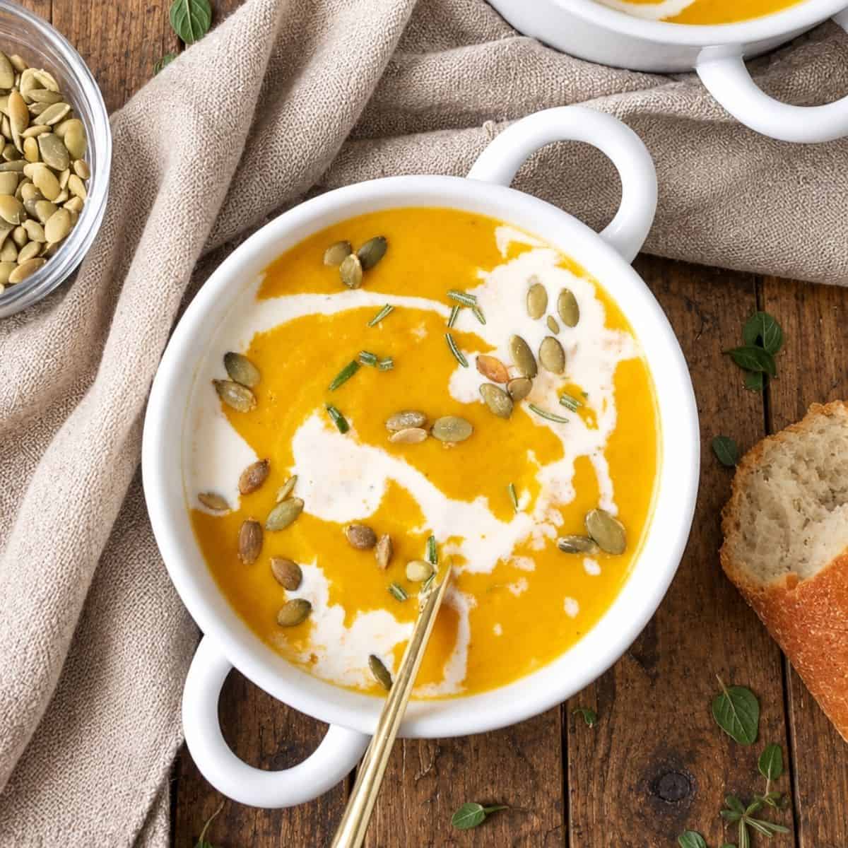Creamy orange squash soup topped with cream, pepitas, and chopped herbs beside crusty bread.