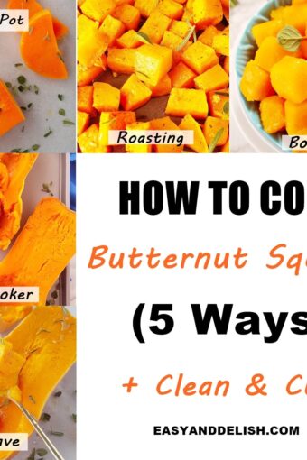 photo collage showing how to cook butternut squash 5 ways