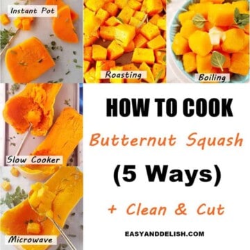 photo collage showing how to cook butternut squash 5 ways