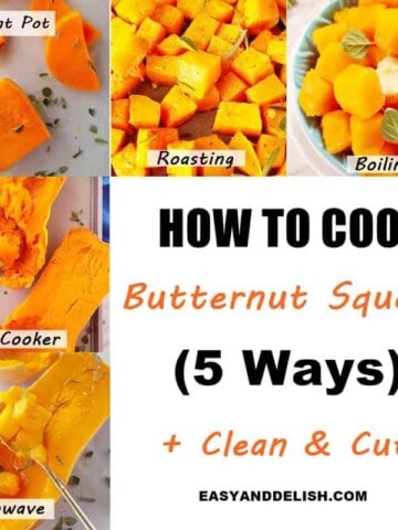 photo collage showing how to cook butternut squash 5 ways