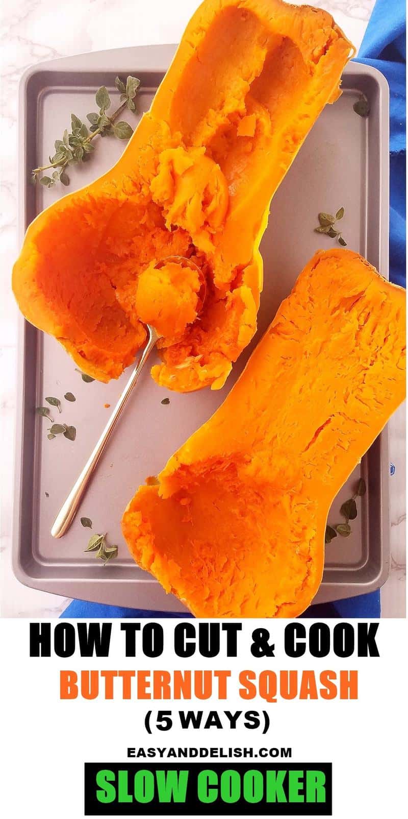a tray with butternut squash halves cooked in the crockpot
