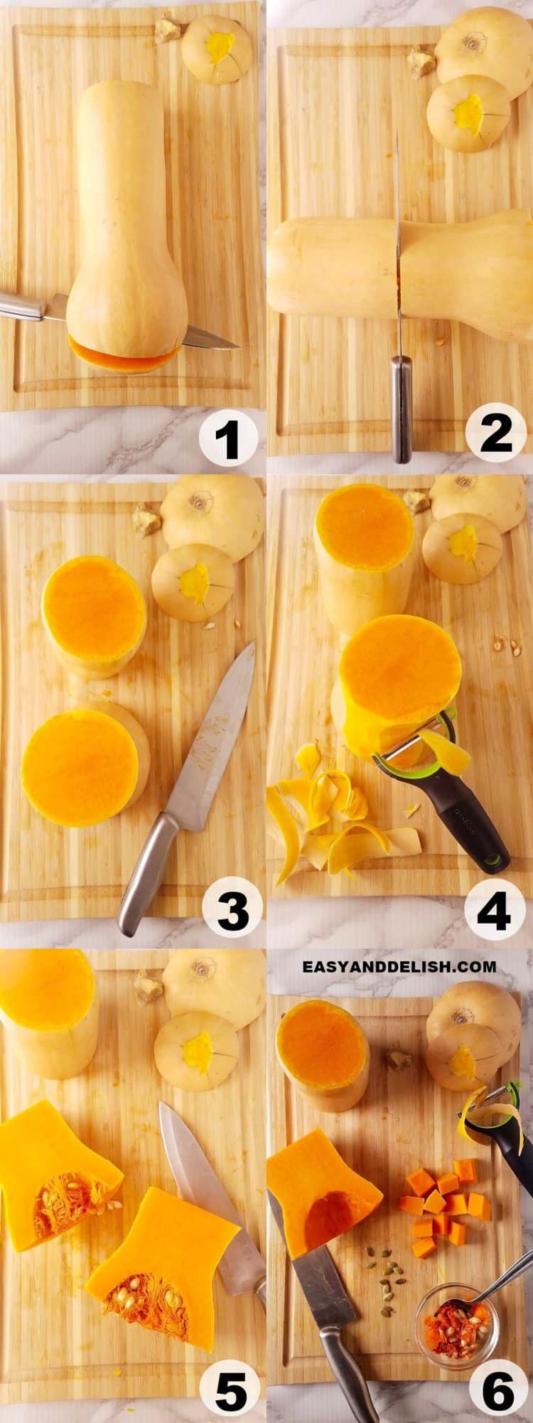 photo collage showing how to peel and cut vegetable in 6 steps