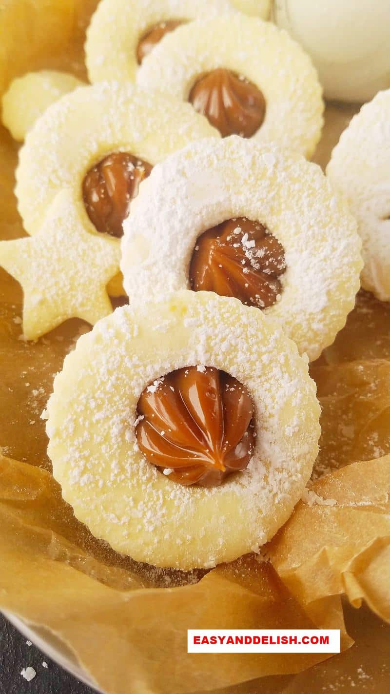 close of several alfajores in a platter