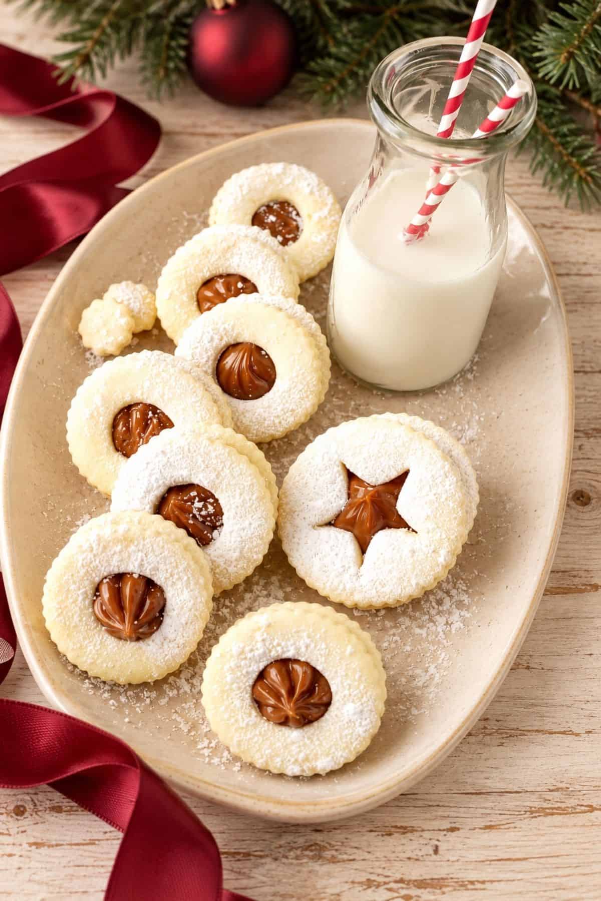 Powdered sugar cookies with dulce de leche centers beside a bottle of milk and a Christmas ornament on a dark tabletop.