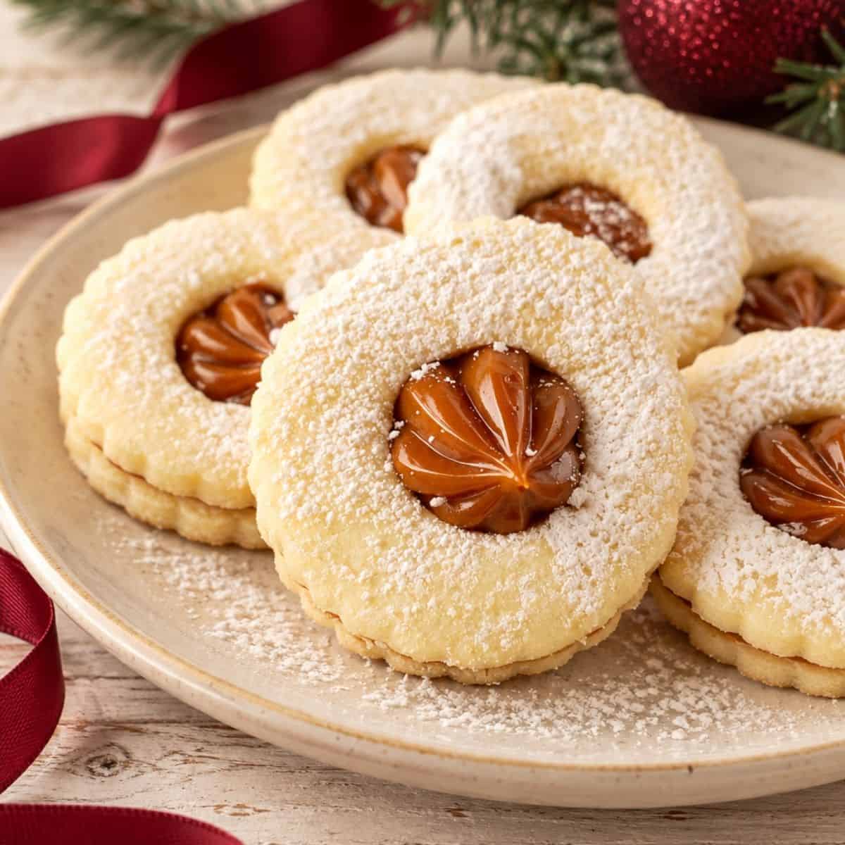Close-up of a scalloped sandwich cookie dusted with powdered sugar and filled with a piped swirl of dulce de leche.
