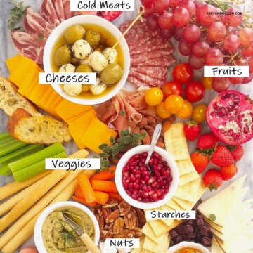 Cold meats, crackers, cheeses, fruits, nuts, and spreads on a charcuterie board.